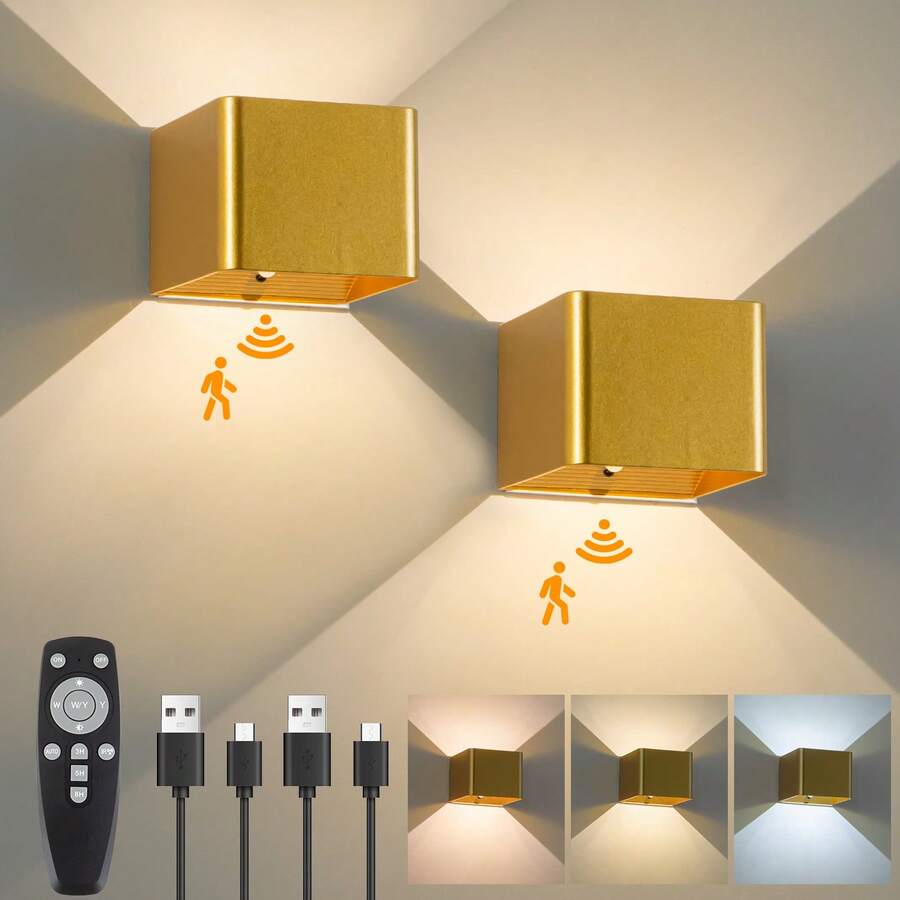 3-Color Wireless Motion Sensor Wall Light With Remote Control, 4000mAh Rechargeable Battery Powered LED Indoor Up/Down Wall Lamp, Dimmable Brightness, Suitable For Bedroom, Living Room, Corridor, Farmhouse