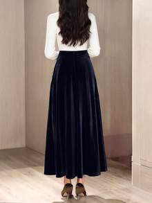 女士优雅丝绒A字裙，秋冬款 - 藏蓝色 - 查看 3