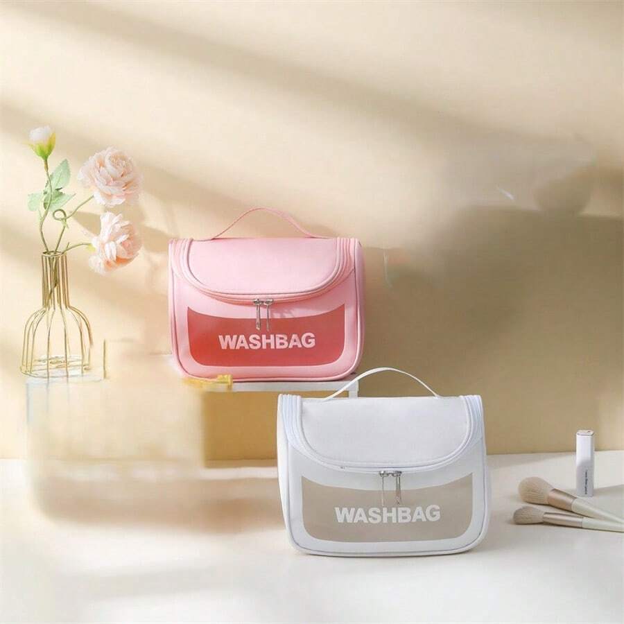 1pc Large Capacity Water-Resistant Semi-Transparent Zipper Makeup Bag - Portable Travel Cosmetic Organizer, Can Be Carried, Hung, And Placed On Vanity Or In Suitcase, Very Convenient - Multicolor - View 1