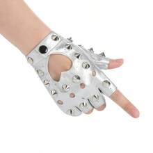 A Pair Of Fashionable Hip-Hop Style Leather Half-Finger Dance Gloves, Stage Performance Riding Sailor Dance Studded Hollow Half-Finger Gloves For Women. - Bạc - Xem 10