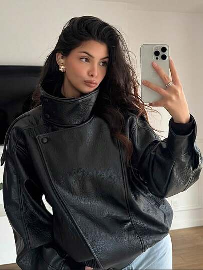 Women's Fashion Faux Leather Jacket, Long Sleeve With Pockets And Zipper, Retro High Street New Style Outerwear