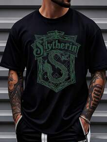 Warner Bros Slytherin House T-Shirt Harry Potter Inspired Green Dragon Shield Design Unisex Casual Wear For Fans Of The Wizarding World Hogwarts School Theme Apparel,220g - 黑色 - 查看 1