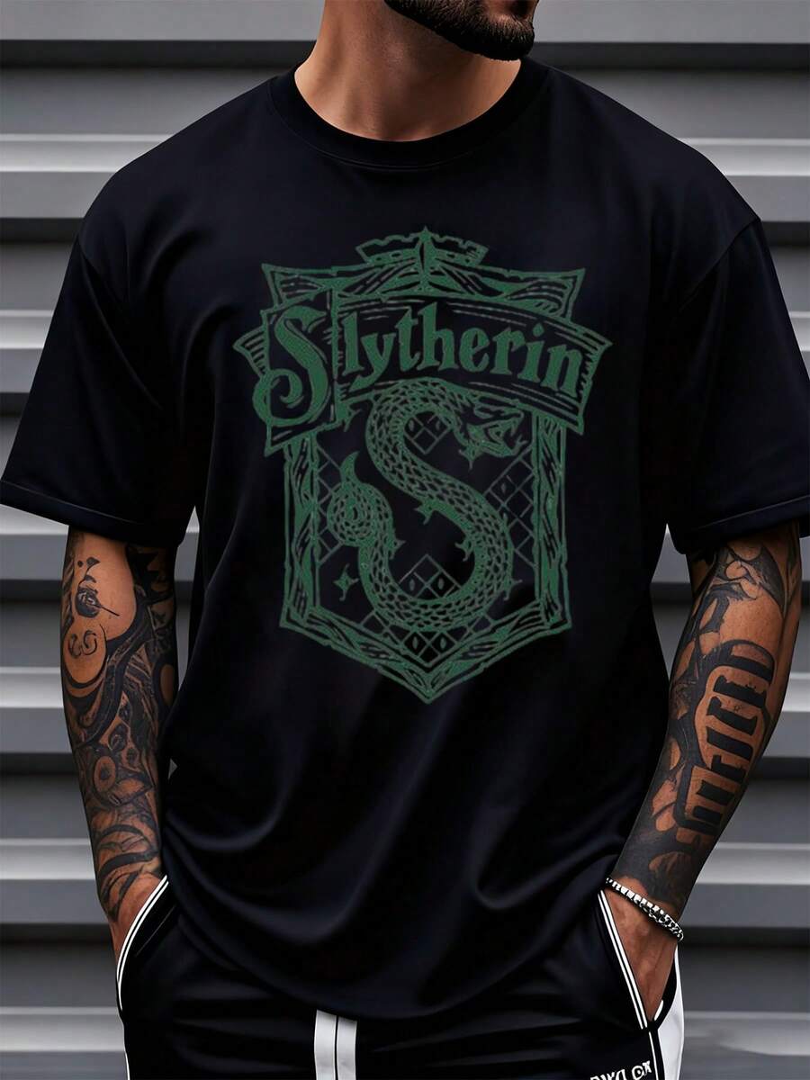 Warner Bros Slytherin House T-Shirt Harry Potter Inspired Green Dragon Shield Design Unisex Casual Wear For Fans Of The Wizarding World Hogwarts School Theme Apparel,220g - 黑色 - 查看 1