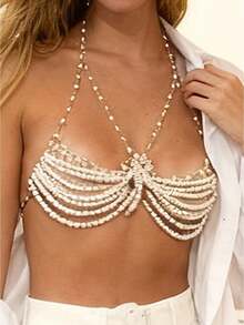 Pearl Body Chain Chest Jewelry Halter Neck Adjustable Body Chain Bra For Women For Beach Party Club - trắng - Xem 1