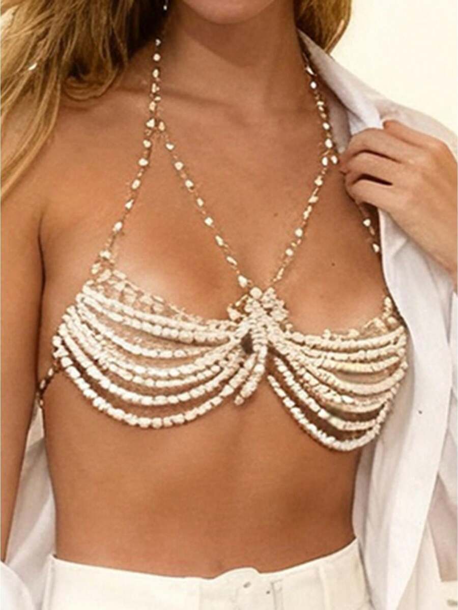 Pearl Body Chain Chest Jewelry Halter Neck Adjustable Body Chain Bra For Women For Beach Party Club - trắng - Xem 1