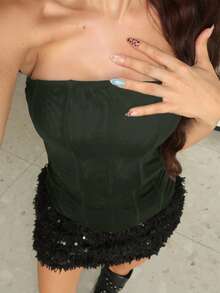 Apperloth 复古优雅纯色女士弹力网纱束身胸衣半透明抹胸上衣带钢圈塑形衣系带露背日常休闲上衣万圣节服装秋冬女装 - 軍綠色 - 查看 2