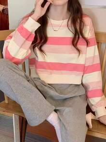 Camiseta de cuello redondo a rayas estilo americano para mujer. Novedad de otoño. Sudadera ligera y holgada. Top de manga larga. - Rosa - Ver 1