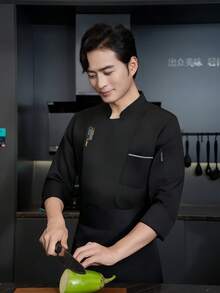 新款时尚刺绣厨师服，高端黑色男女通用长袖，适合秋冬季节，适用于高档酒店、西餐厅、快餐店、烧烤店、面包店、咖啡店等场所。吸湿排汗、抗皱、抗起球、防缩水、不变形。面料柔软亲肤。经典立领设计，优雅隐形纽扣，穿着舒适便捷。 - 黑色 - 查看 6