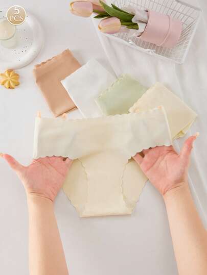 5pcs Women's Multicolors Printing Ins Fashion Ladies' Solid Color Basic Daily Seamless Traiangle Panties