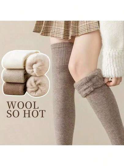 Women's Thick Warm Over-The-Knee Socks - Extreme Cold Protection - Khaki / Black / Brown / Cream / Oatmeal - Suitable For Daily And Special Occasions, With Ribbed Edges, Wool Lining And Soft Material Winter Warm Socks, Outdoor Warm Socks