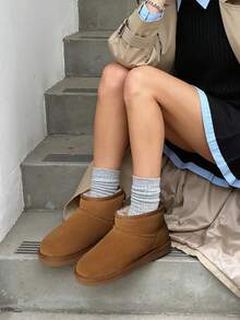 Women Faux Fur Lining Water Resistant Warm Snow Boots,Genuine Suede Winter Mini Boots Slip On Memory Foam Comfortable Holiday Commuting Chestnut Ankle Booties - 紫紅色 - 查看 10