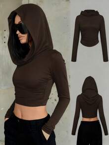女士纯色高弹修身长袖连帽T恤，简约风格，适合春、秋、冬季穿着，也可作为万圣节、圣诞节、教师节、外套、约会等场合的百搭上衣，韩版风格。 - 咖啡棕 - 查看 7