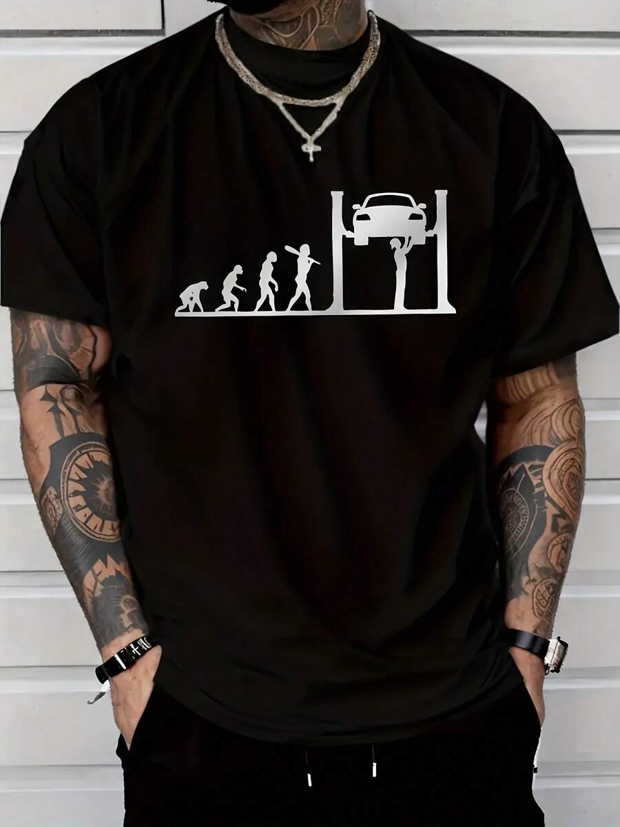 Camiseta Casual de Manga Corta para Hombre - 100% algodón, Tejido Ligero, Corte Regular Cuello Redondo, Impresión Gráfica de Técnico Automotriz, Lavable a Máquina para Ropa Deportiva y de Ocio, Estilo Relajado Material de Algodón - Negro - Ver 1