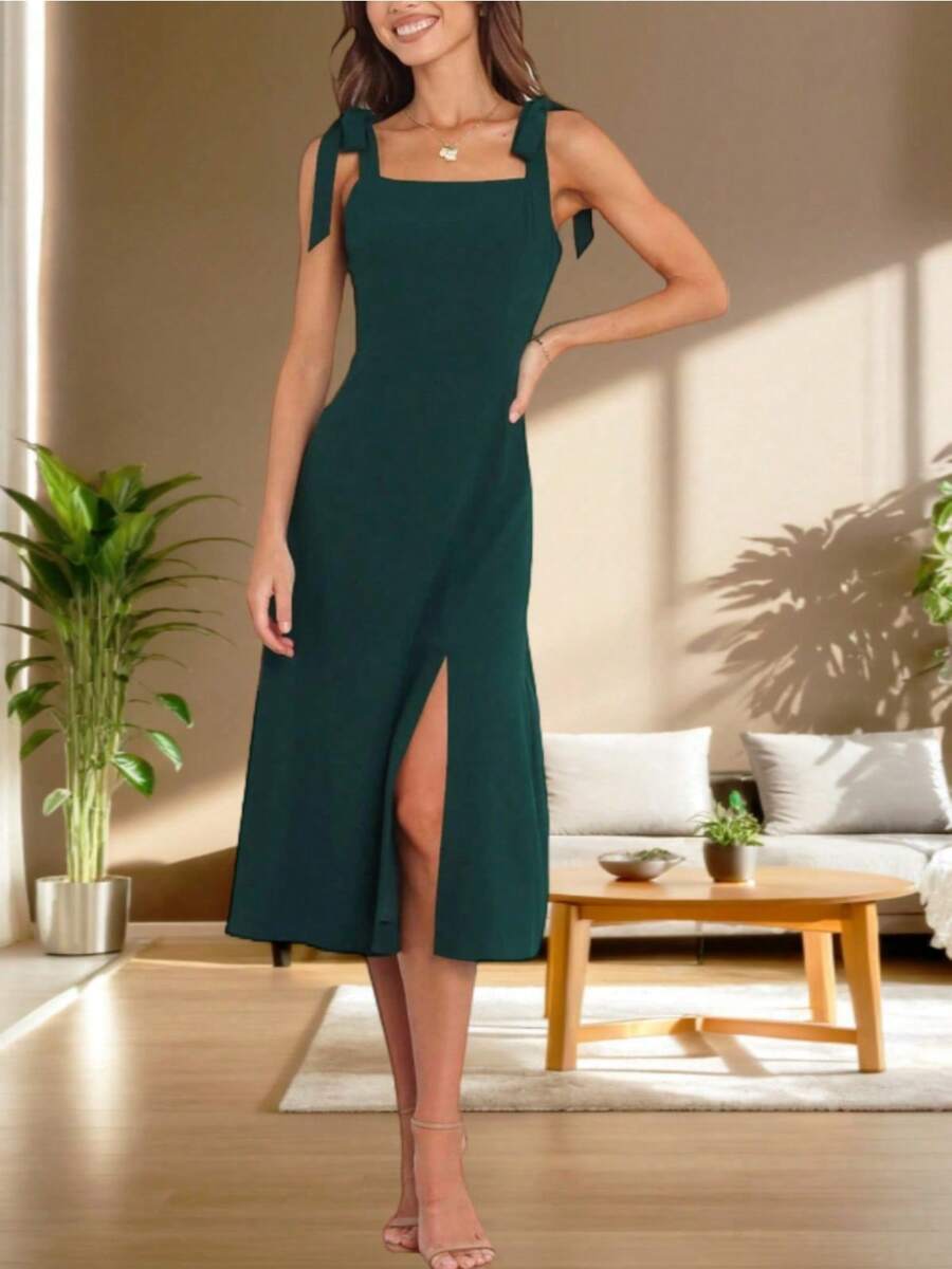 Fashion Pick Women's Elegant Square Neck Split Mid Length Bridesmaid Dresses Ideal For Wedding Guests At Parties - Màu xanh lá cây đậm - Xem 1