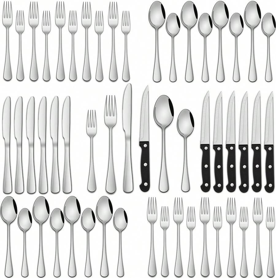 24/48pcs Stainless Steel Silverware Sets With Organizer For 4/8 Person,Includes Knife Spoon And Fork Eating Utensils Set For Kitchen Flatware Sets With Steak Knives,Cutlery Sets For Kitchens, Parties, Banquets, And Restaurants, Tableware Dishwasher - Nhiều màu - Xem 1