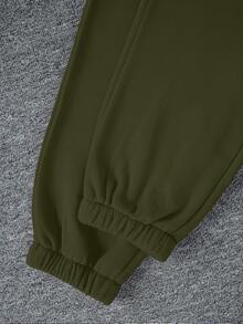 Plus Size Hoodie Two Pieces Fashion Warm Plus Fleece Round Neck Sweatshirt + Sports Sweatpants Simple Letter Print Suitable For Autumn And Winter Running Exercise Leisure Home Comfort Set - Olive Green - View 4