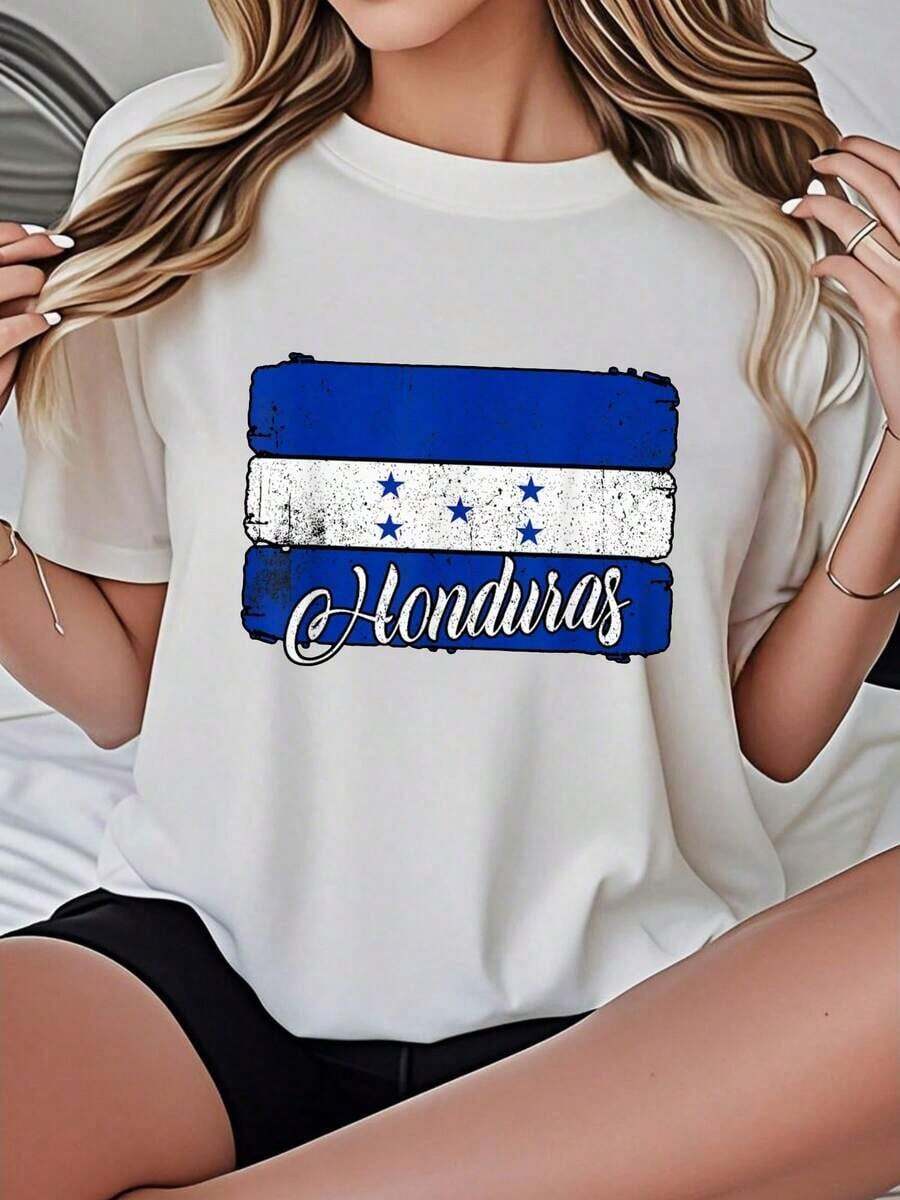 Women's - Shirt Casual Loose Fit Black White Optional Honduras Print Patriotic Graphic Tees Summer Tops Women Daily Wear Shirts Summer Tops Graphic Tees Summer Outfits Women Graphic Tees Women Crop Tops Tops Women Vintage Cotton Cute Clothes Women Unisex Plus Size T Shirts - 白色 - 查看 1