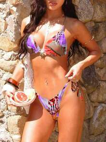 两件套夏季可爱泳衣，随机碎花金属海星装饰吊带泳衣+高腰泳裤，沙滩度假风 - 橙紫豹紋 - 查看 10