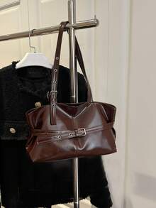 1个复古大容量手提包，通勤超大腋下包，时尚女士摩托车手提包，PU纯色油蜡皮革，肩带装饰，拉链封口，女士单肩包，适合工作、上学、旅行、购物、商务等场合，日常使用。 - 咖啡 - 查看 6