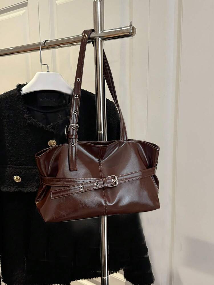 1pc Vintage Large Capacity Tote Bag, Commuter Oversized Underarm Bag, Fashionable Motorcycle Handbag For Women, PU Solid Color Oiled Wax Leather, Strap Decor, Zipper Closure, Ladies Shoulder Bag For Work, School, Travel, Shopping, Business, Suitable For Daily Use - Coffee - View 5