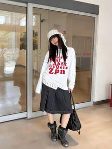 红色字母印花长袖T恤，女士休闲街头风宽松纯棉上衣，秋季款 - 白色 - 查看 2