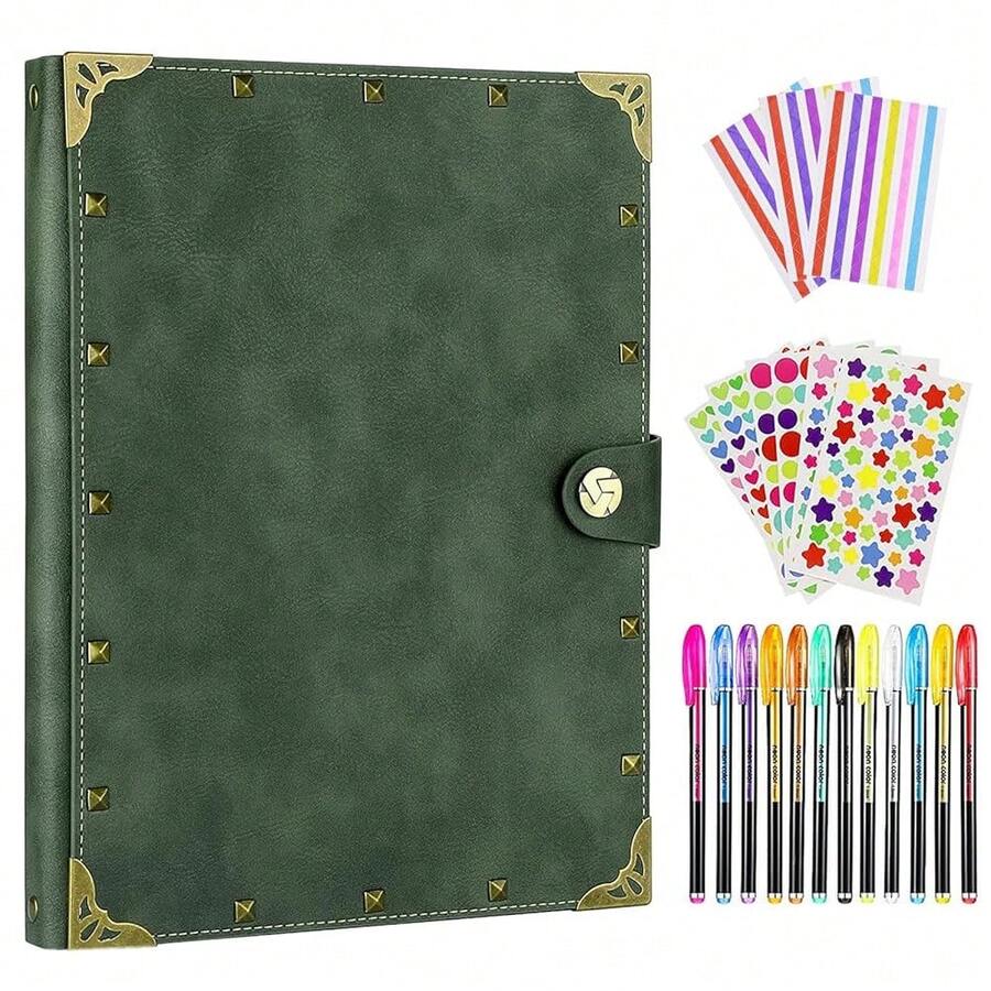 DIY Scrapbook Leather Scrap Book Photo Album 60 Pages, Mothers Day Gifts For Mom Scrapbook Photo Album Vintage Travelling Journal Scrap Book,FArmyssGreen - 軍綠色 - 查看 1