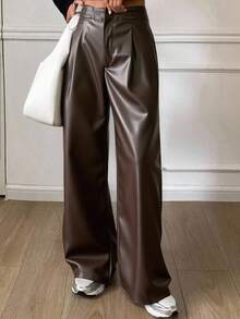 Livesso PU Leather Casual Solid Color Wide Leg Cropped Women Pants Women Dress Pants Fall - Coffee Brown - View 4