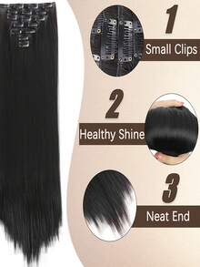 7pcs Of Women's Synthetic Hair Patches Long Straight Hair Clips Deep Black Double-Layer Weaving 16 Clips Per Piece Breathable And Comfortable Hair Accessories - Multicolor - View 3