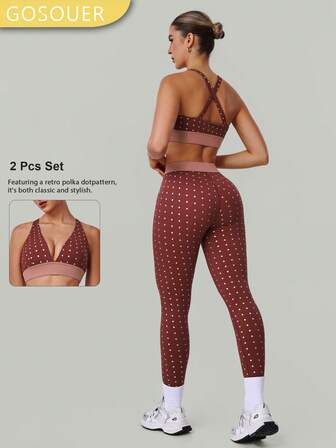 GOSOUER 2 piezas Conjunto de ropa deportiva coordinada Sujetador deportivo sexy de soporte alto con cuello en V profundo y espalda cruzada con estampado de lunares plateados y leggings deportivos de cintura alta para fitness y yoga