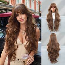7JHH WIGS High Quality 32 Inch Extra Long Wavy Brown Wigs For Women - Loose Fluffy Wave Curly Wig With Bangs, Full Machine Synthetic Heat Resistant Fiber Hair Wigs For Daily Wear,Halloween Cosplay & Music Festival Party Use - Brown - View 12