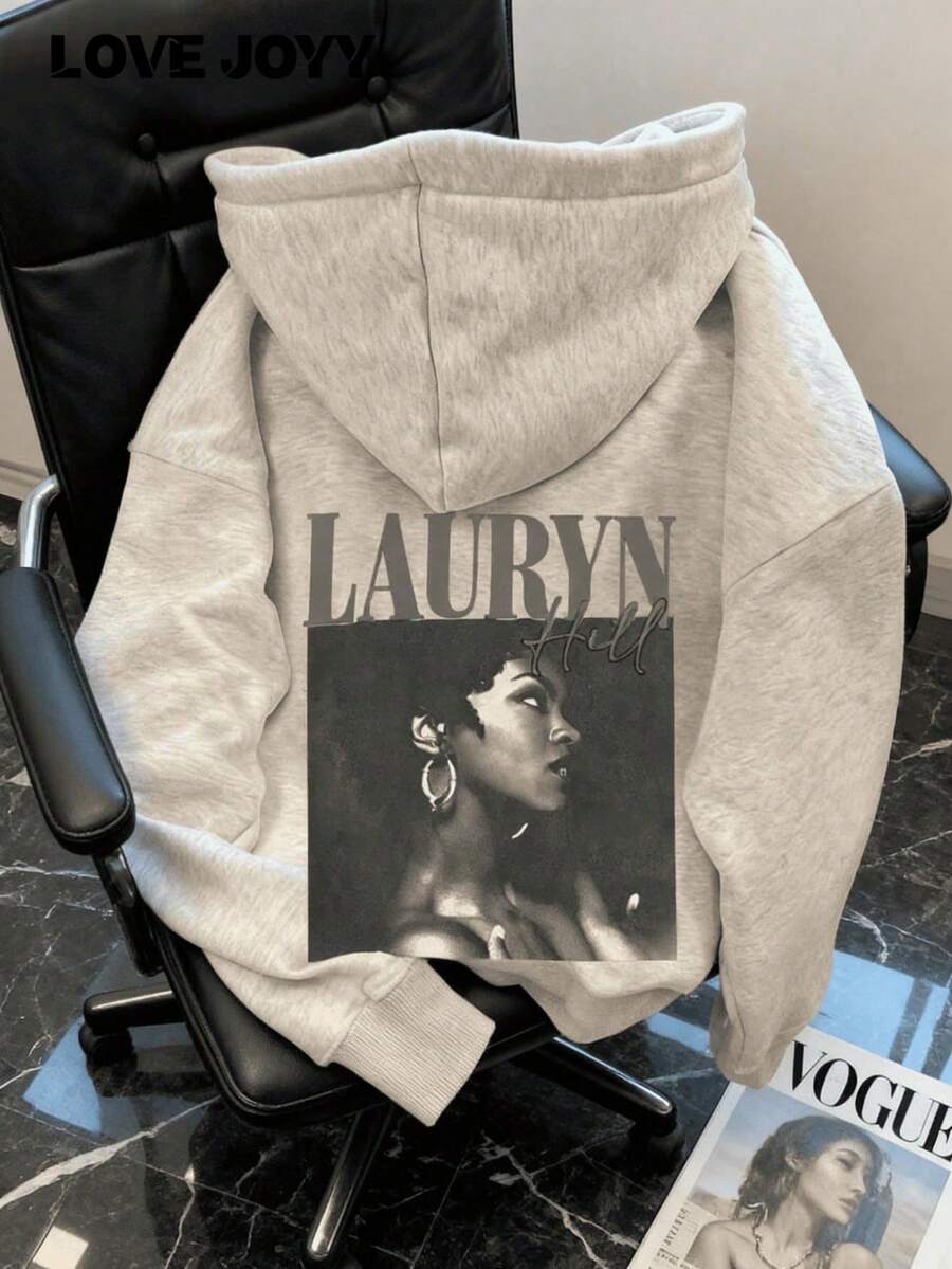 LOVE JOYY LAURYN HILL Portrait Graphic Y2K Cute Women Hoodie, Solid Color Long Sleeve Pocket Dropped Shoulder Casual Pullover Hoodie, Fall Clothes For Women