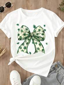St Patrick's Day Bow T-Shirt With Clover Print Women's Casual White Top Festive Holiday Shirt For St Patrick's Day Celebration Lucky Charm Design Comfortable Loose Fit Short Sleeve Tee For Spring And Summer Wear Fashionable And Gift Idea For Irish Theme Events And Parties - 白色 - 查看 3