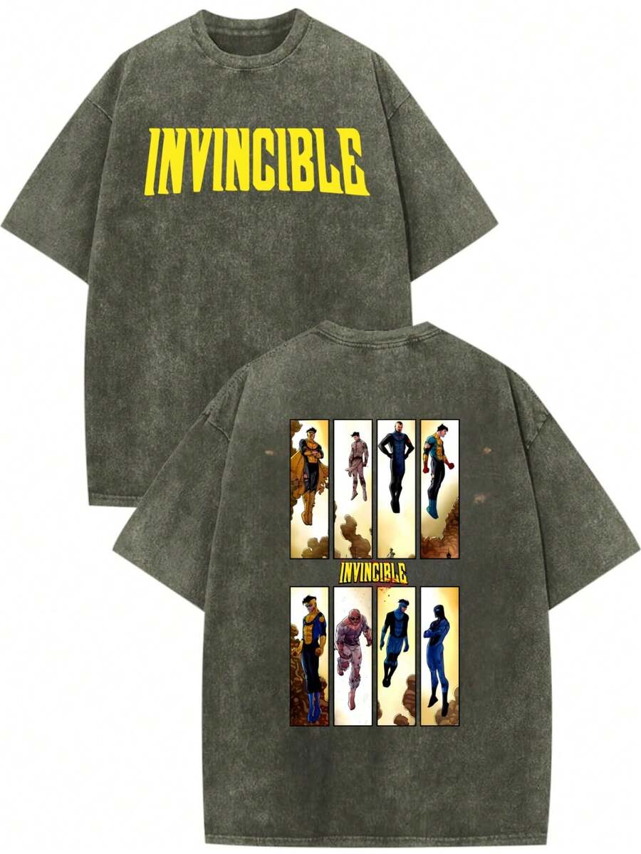 Men's Invincible Comics Graphic T-Shirt - Casual Short-Sleeve Superhero Fan Top With "INVINCIBLE" Print, Desert Vibes Design, Machine Washable, Perfect For Cosplay & Casual Attire, Everyday Tshirt| Regular Fit Shirt| Easycare Fabric, Comic Book - 軍綠色 - 查看 1