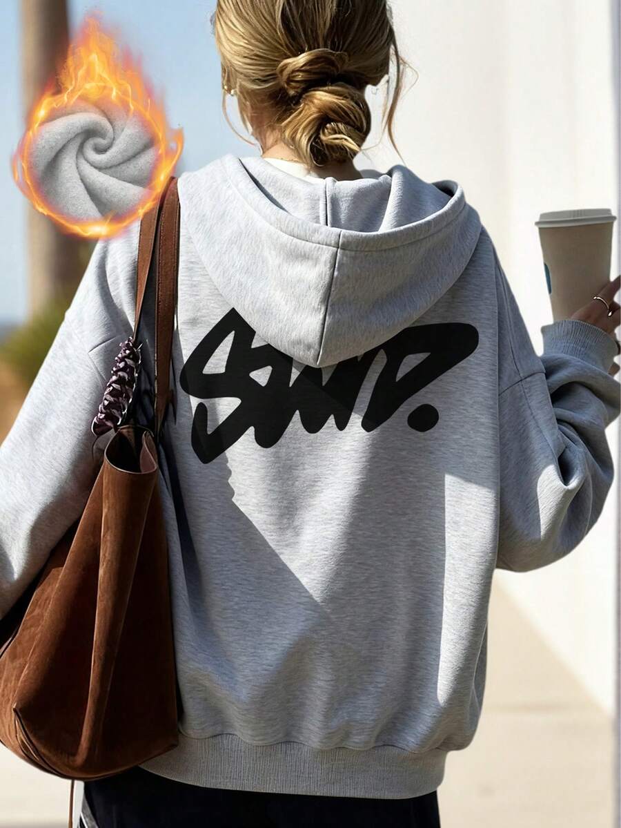 Nueva sudadera con capucha casual para mujer, estampado gráfico estadounidense con estilo, uso versátil diario, forro térmico, adecuado para otoño/invierno