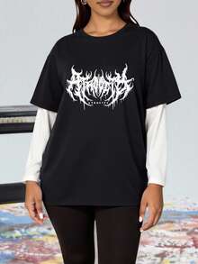 Women's Retro Punk Rock Lightning Print Patchwork Long Sleeve, Casual 2 In 1 T-Shirt - Black and White - View 5