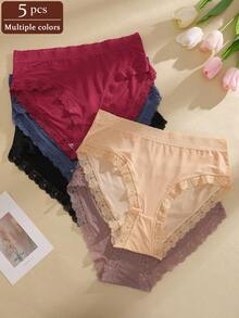 5pcs/Set Solid Color High Waist Lace Patchwork Briefs Panties Set For Women - Multicolor - View 6