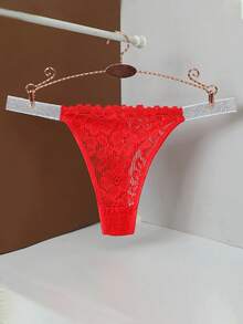 Custom Mid-Waist Lace Thong, Sexy Peach Panties, Personalized Christmas Holiday Gift Lingerie - Red - View 3