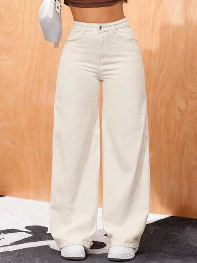 Pantalones vaqueros holgados de pierna ancha y cintura alta retro para mujer, pantalones rectos de color sólido, jeans de verano holgados de color claro y temperamento moderno versátiles.