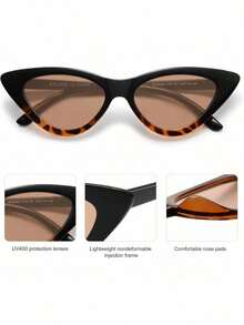 Small Narrow Cat Eye , Retro Vintage, Y2K Aesthetic,  Protection, Lightweight Plastic Frame, Fashion Eyewear - Black Frame With Brown Lenses - View 6