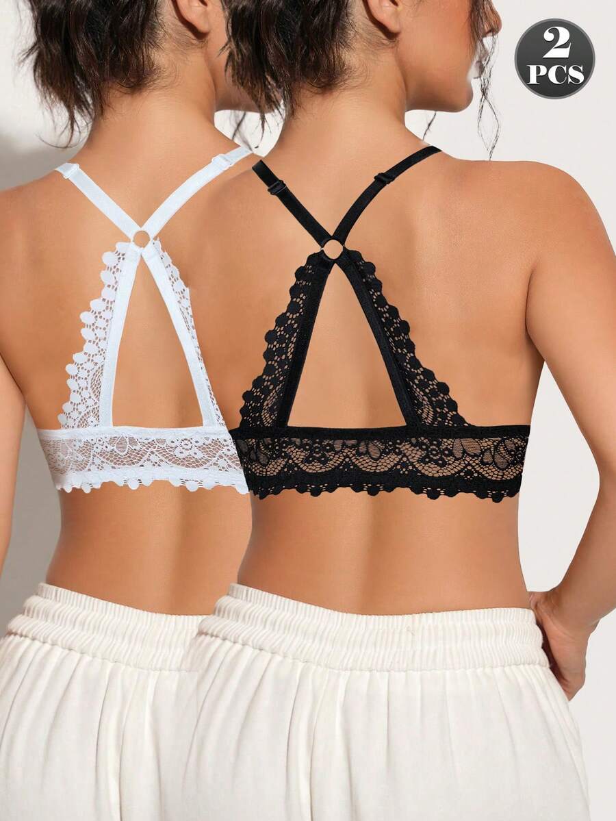 Bộ 2 áo ngực ren có gọng cài trước MIMILEMON dành cho nữ - kiểu cổ yếm, nâng ngực, tạo đường cong phía sau, thoải mái và thời trang, phù hợp cho mặc hàng ngày và nhiều trang phục sành điệu khác nhau.