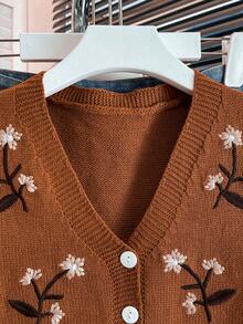 V-Neck Contrast Color Floral Embroidery Single-Breasted Casual Knit Vest, Spring/Summer - Orange-brown - View 3
