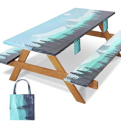 Cubierta ajustada para mesa de picnic con cubiertas para bancos, a prueba de agua, para mesas rectangulares de 8 pies, para camping al aire libre, organización de viajes por carretera, vacaciones, regalos esenciales para campistas, 96*30 pulgadas, Montañas Azules Ríos
