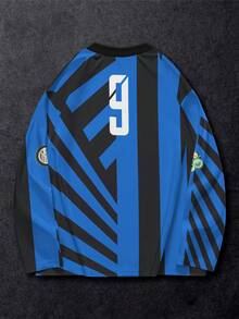 男士宽松字母数字印花长袖T恤，舒适轻盈，休闲校园/街头风，适合春、夏、秋季穿着。 - 藍色和黑色 - 查看 2