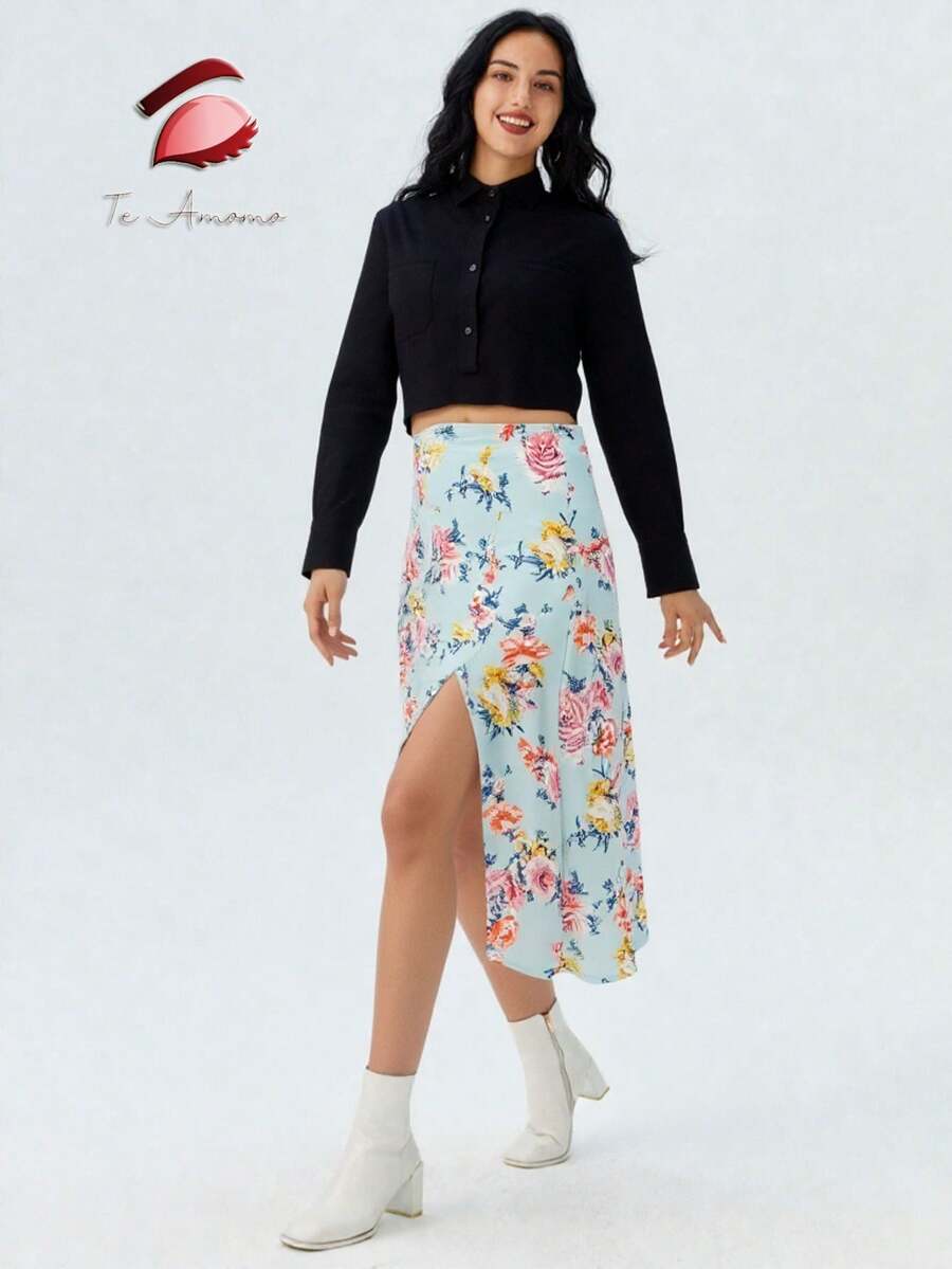 Falda Larga Estampado Floral Floral Muslo Abertura TE AMOMO