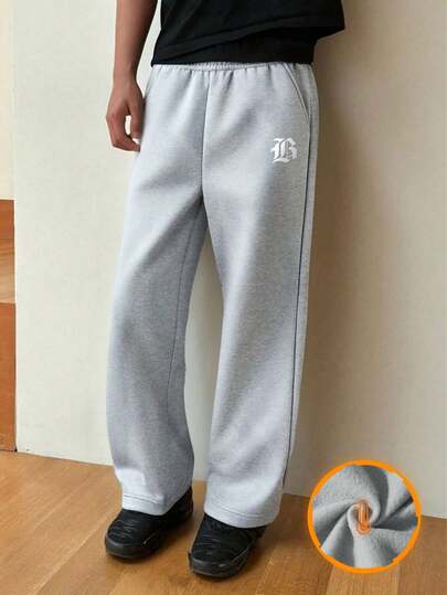 1pc Teen Boy Letter Print Casual Comfortable Elastic Waist Loose Straight Leg Pants Autumn/Winter