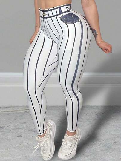 Pantalones de yoga de cintura alta con estampado de rayas, vendidos calientes, para mujeres, para gimnasio, yoga, fitness, ejercicio, primavera, color blanco
