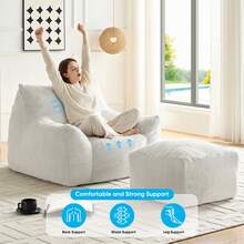 Modern Faux Fur Fabric Large Bean Bag Chair With Ottoman, Oversized Adult Bean Bag Chair With Filler, Lazy Sofa Comfy Bean Bag Couch With Armrests - 白色 - 查看 2