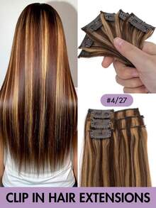 6件套1片式夹式接发，真人发丝，直发，挑染，夹式真人发，派对自然黑直发，女士夹式接发，女孩角色扮演和派对，易于佩戴，圣诞节适用 - 彩色 - 查看 25