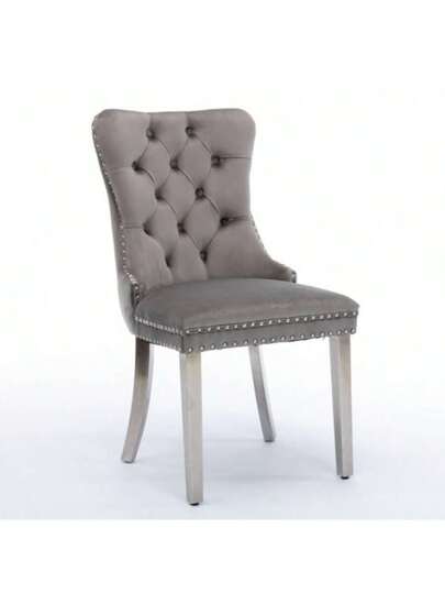 Furniture, Nikki Collection Moderne High End Dining Chairs In Soft, Contemporary Solid Wood Upholstery Fluwelen Padding Chrome Plated Stainless Steel Sheet Legs, Studded Head ation, Double Set, Grijs De1701gy view 8