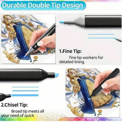[12/24/36/48/60/80/100/120/168/204 Pcs] Permanent Dual-Tip Colored Markers, Oil-Based Markers, Highlighters, Suitable For Doodle, Painting, Planner, Diary, Learning, Christmas, Valentine's Day, Birthday Gift. Due To Production Process, The Patterns May Vary. Warm And Cool Tones Are Mixed, Without A Single Color Scheme.